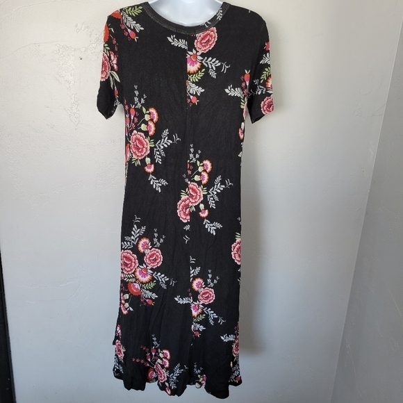 Stevie Hender Large Black Floral Midi Dress Lined Short Sleeve Stretchy Comfy - Picture 5 of 7